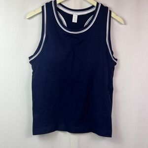 Navy Blue Racerback Athletic Tank Top White Striped Trim Size L Womens